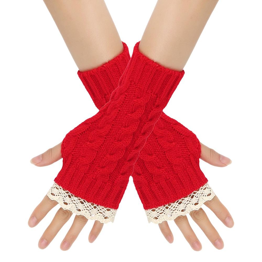 Long Fingerless Mittens Lace Trim Women Knitted Gloves Fashion Wrist Mittens Women Use