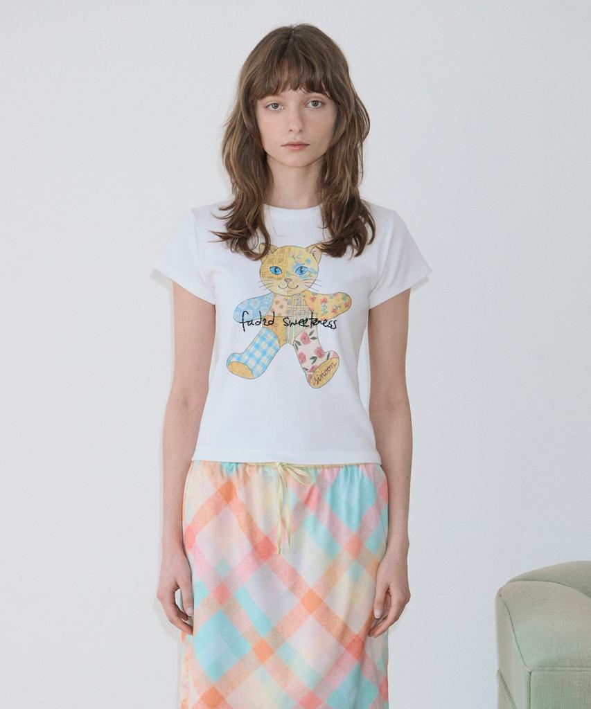 SINOON Patchwork Beads Cat T-Shirt (White)