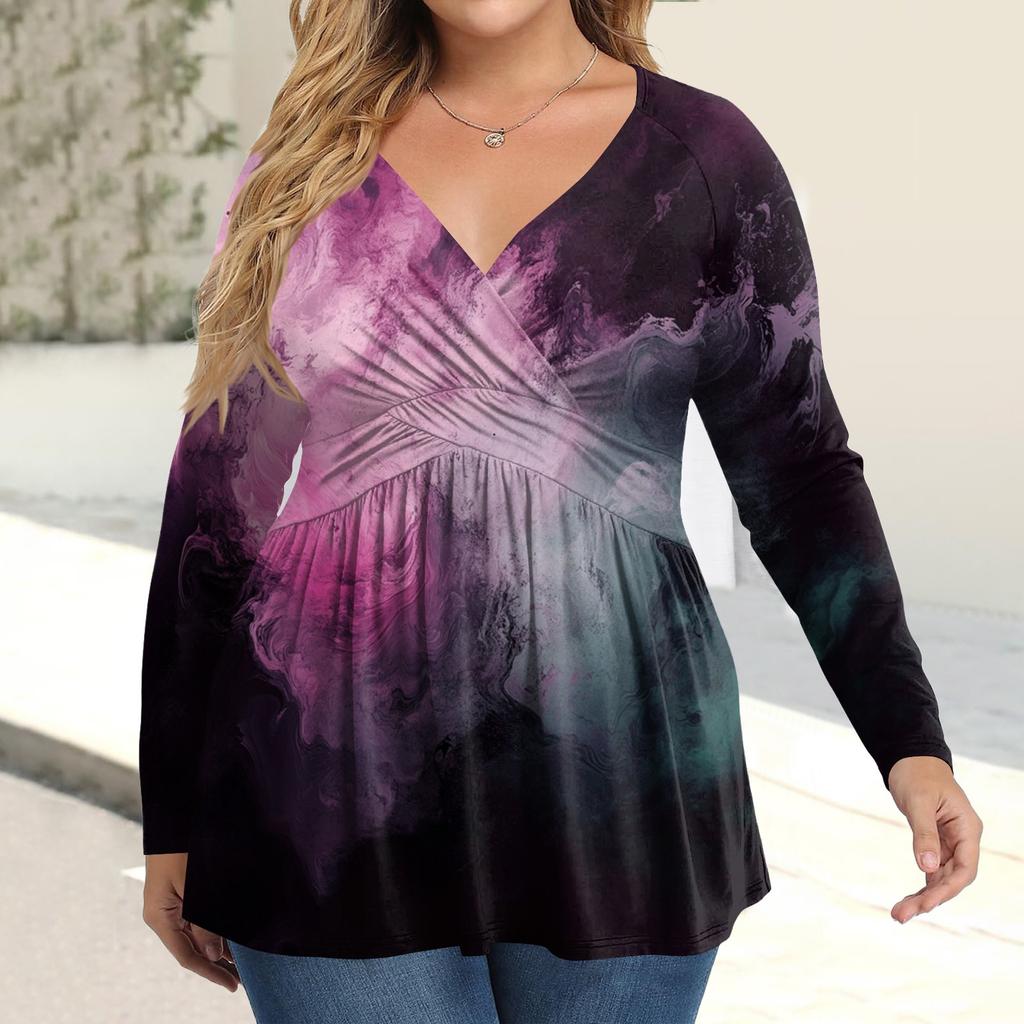 Women's Plus Size Shirt Long Sleeve  Print Top Pleated Casual V-Neck Top