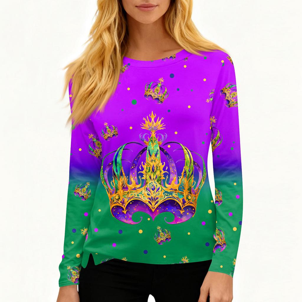 Damenmode Lässig Schlitzsaum Rundhals Langarm Locker Bedrucktes T-Shirt Top