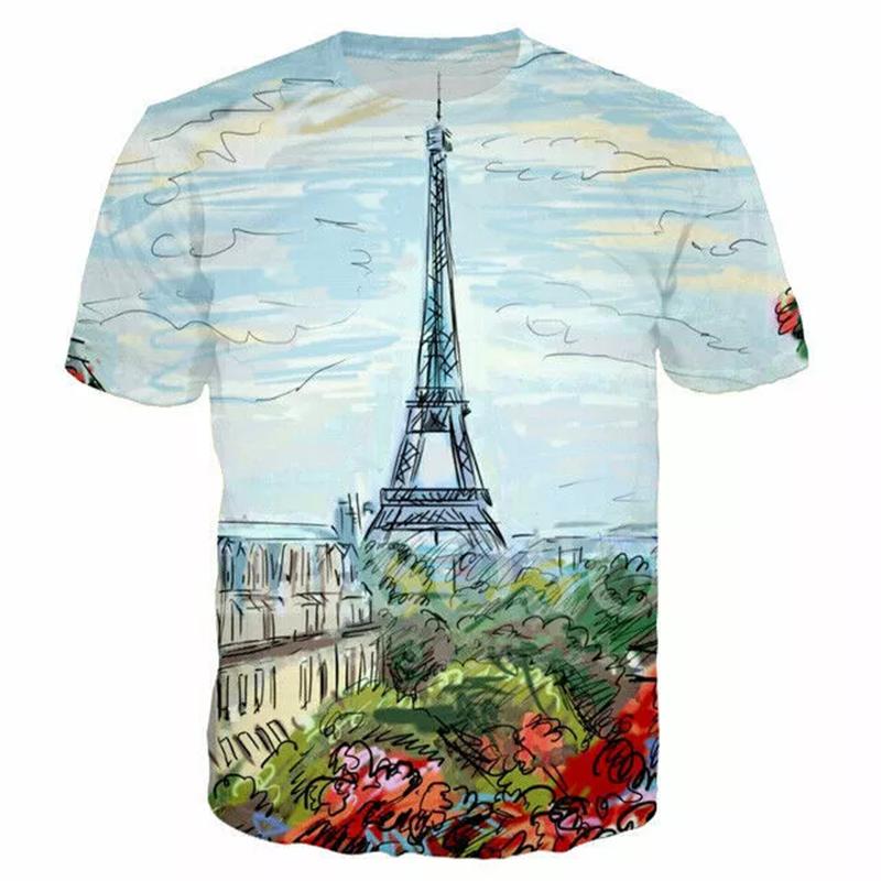 Novelty France Paris Eiffel Tower 3D Graphic Tees Y2k Men Women Short Sleeve Street Tshirt Kids Casual Oversized Tops Clothing