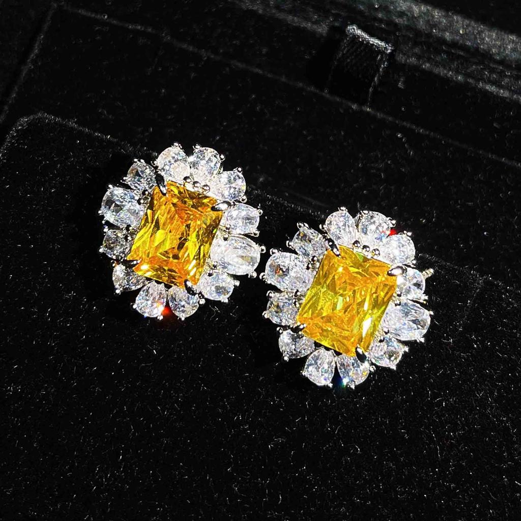 Color Treasure Set, Ascher Yellow Diamond Topa Blue Argyle Pink Square Diamond Ring Stud Earrings Pendant Female