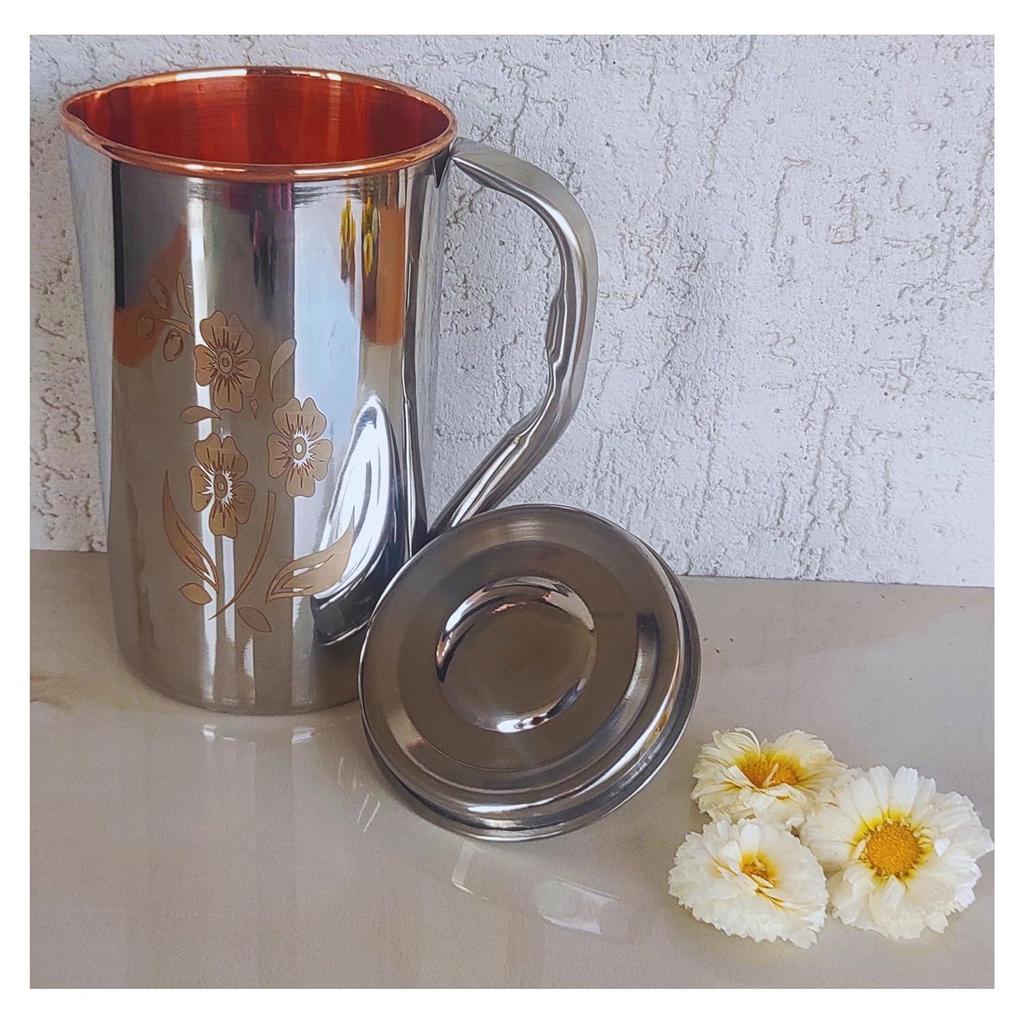 Steel Copper Floral Design Jug Pitcher with Lid, Storage & Serving Water, Beneficial for Health, Volume-1500 ML