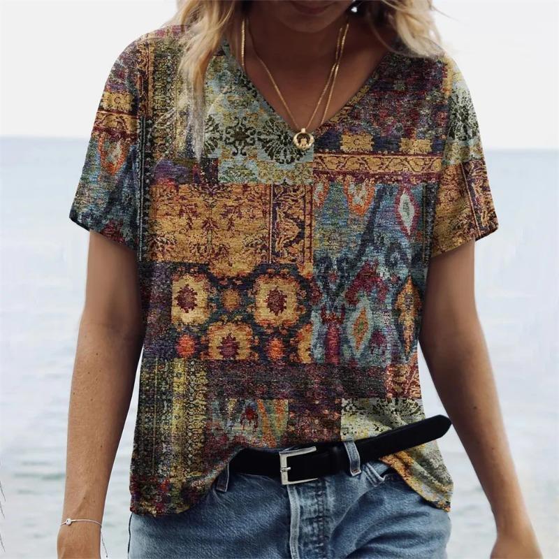 

Women s T-shirts Summer Gradient Graphics Tops Fashion Female V-Neck Vintage Clothing Floral Print Tees Loose Oversized T-Shirts 5XL