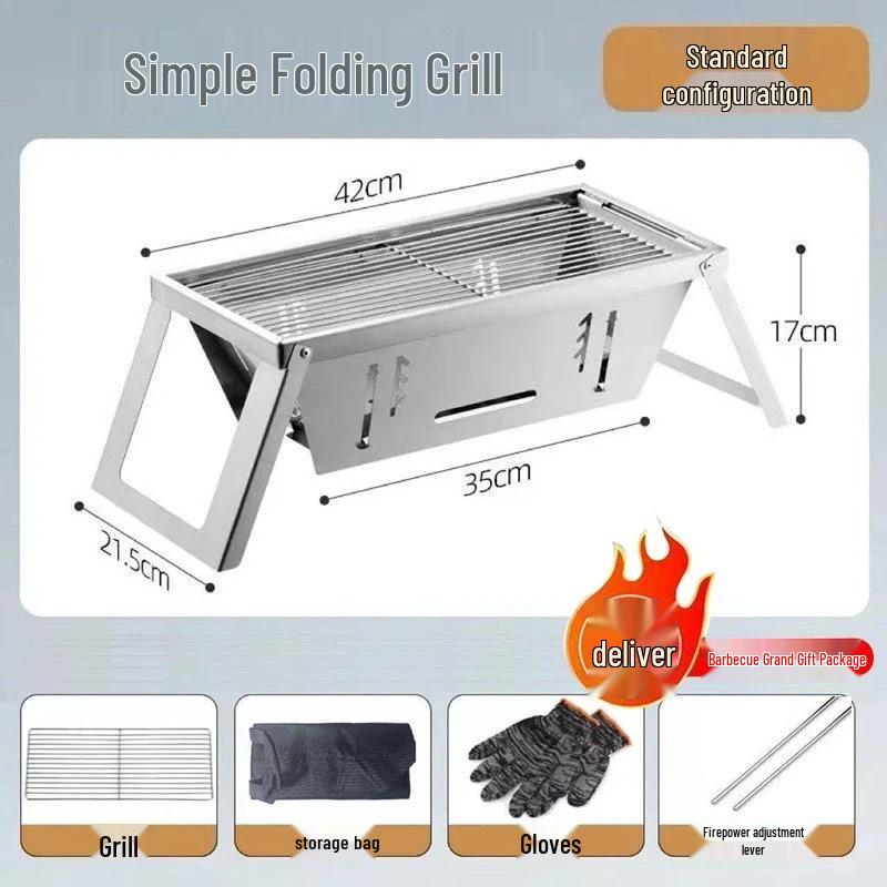 Compact Stainless Steel Outdoor Charcoal BBQ Grill with Skewer Rack and One-Second Folding Design