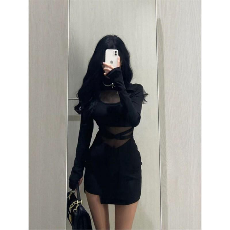 Elegant Sheer Mesh Bodycon Dress Women 2025 Long Sleeve Round Neck Short Skirt Sexy Chic Office To Night Out
