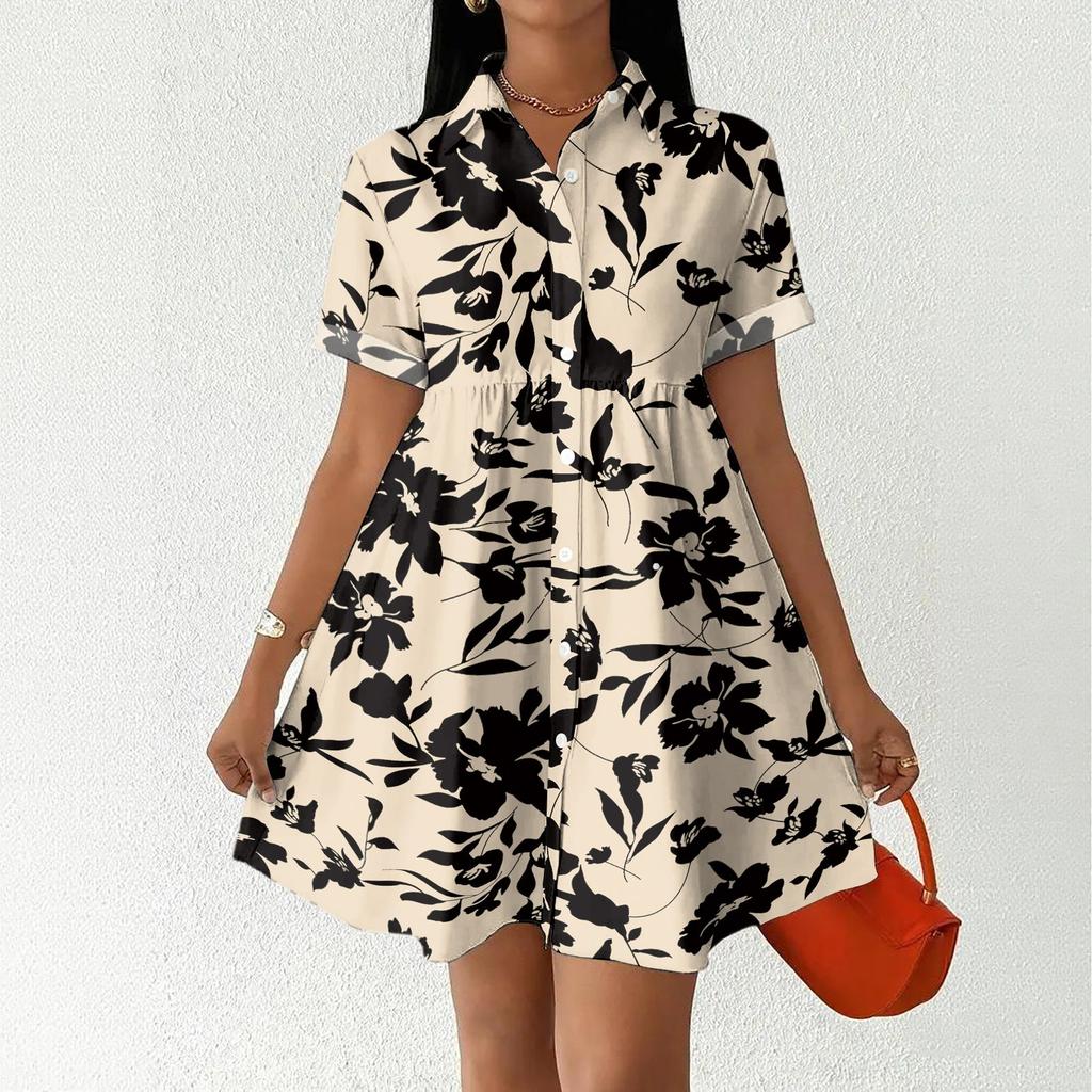 Women’s Casual Loose Fit Shirt Dress with Button Front Stand Collar Short Sleeve Polka Dot and Stripe Print Design