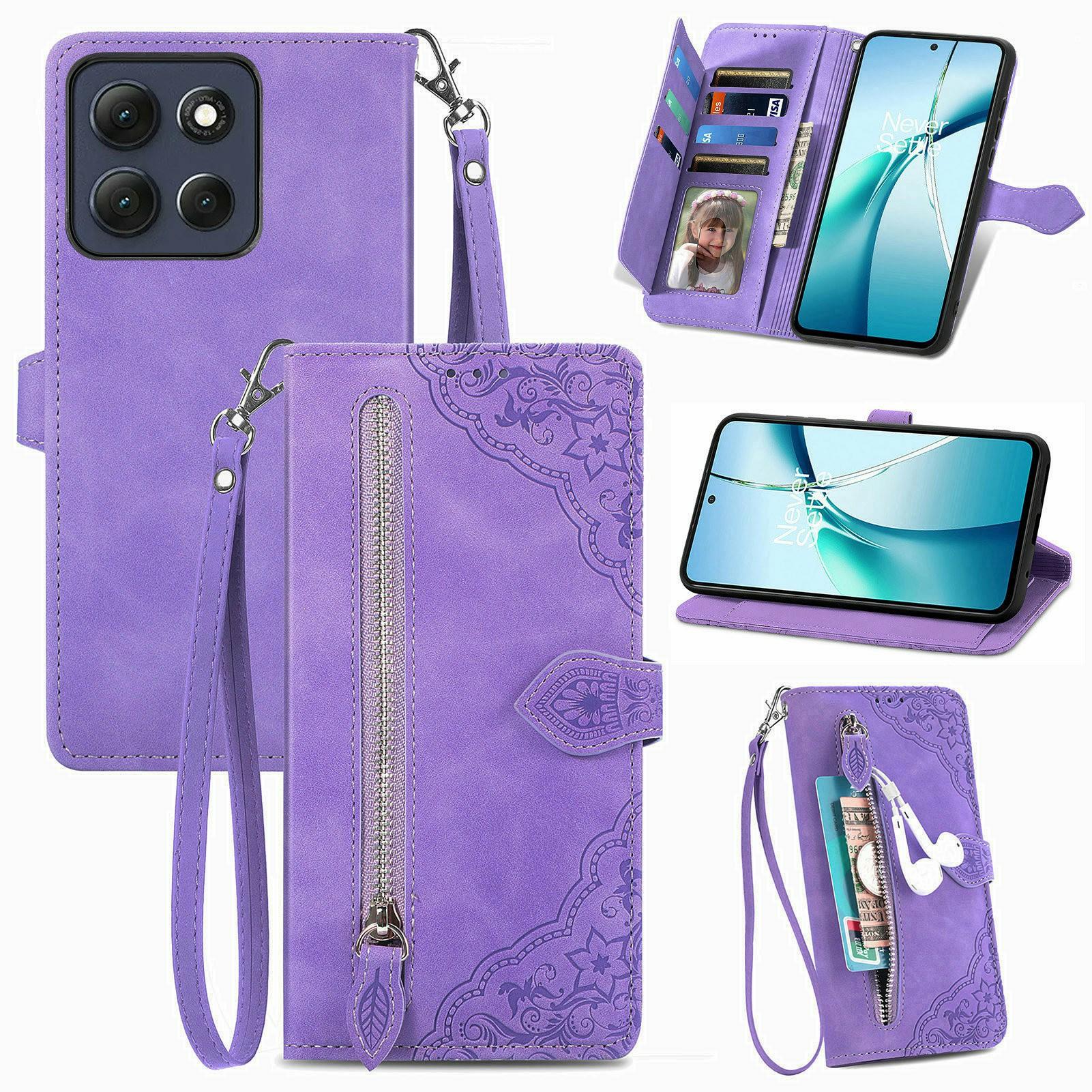 

For Motorola Moto G86 Power 5G Zipper Wallet Case with Strap Flower Imprint PU Leather Phone Cover