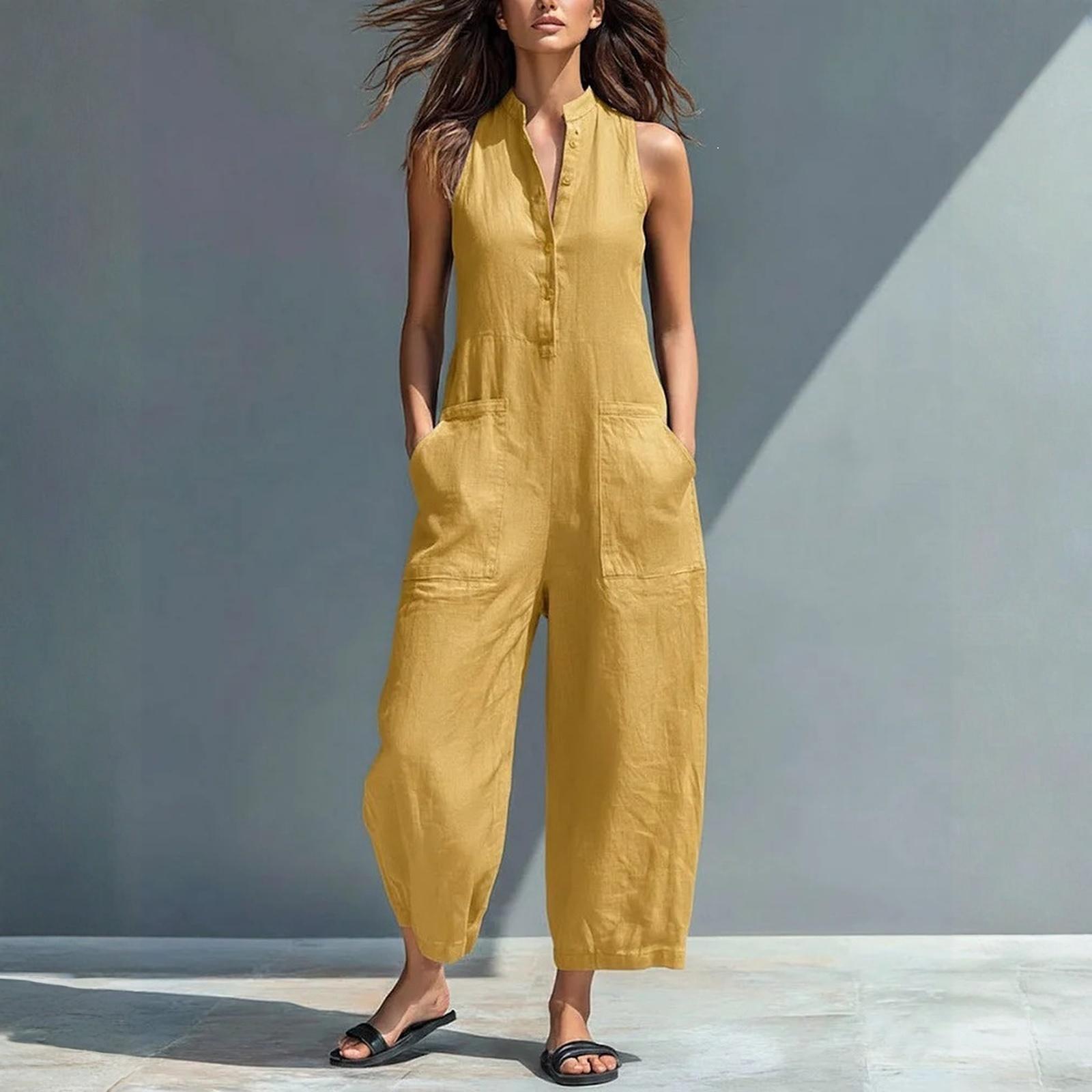 

Women s Fashionable Casual One-piece Pants S жовтий