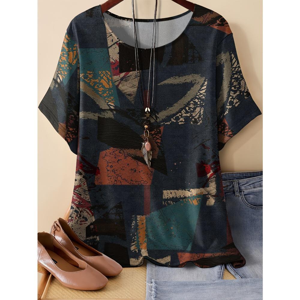 Summer Women Pattern Splicing 3D Printed Short Sleeved T-shirt Fashionable Comfortable Soft Breathable Large Loose Retro Style T-shirt
