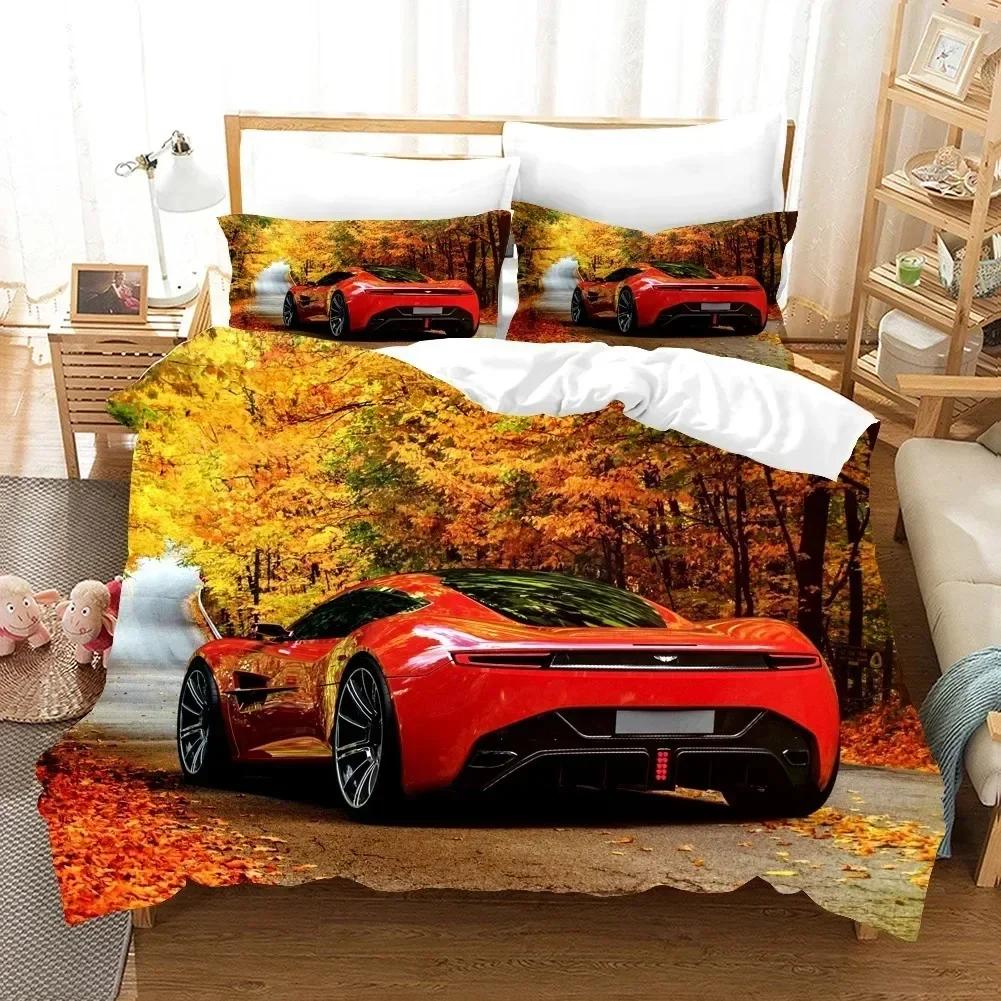 Sportwagen Bettbezug 3D Rennwagen Bedrucktes Bettwäscheset Queen King Size mit Zwei Kissenbezügen Herren Cool Polyester Für Bettdeckenbezug