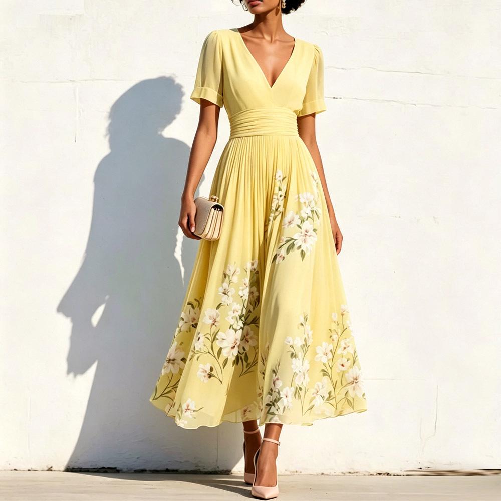 Women's V-Neck Floral Long Sleeve Pleated Dress 2026