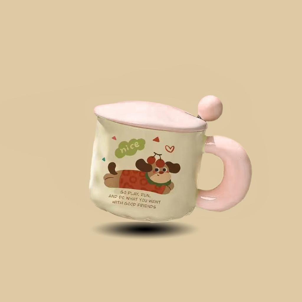 Cute Cartoon Puppy Ceramic Cup High Looking Mug Cup with Lid Spoon Water Cup Birthday Gift for Girls and Children