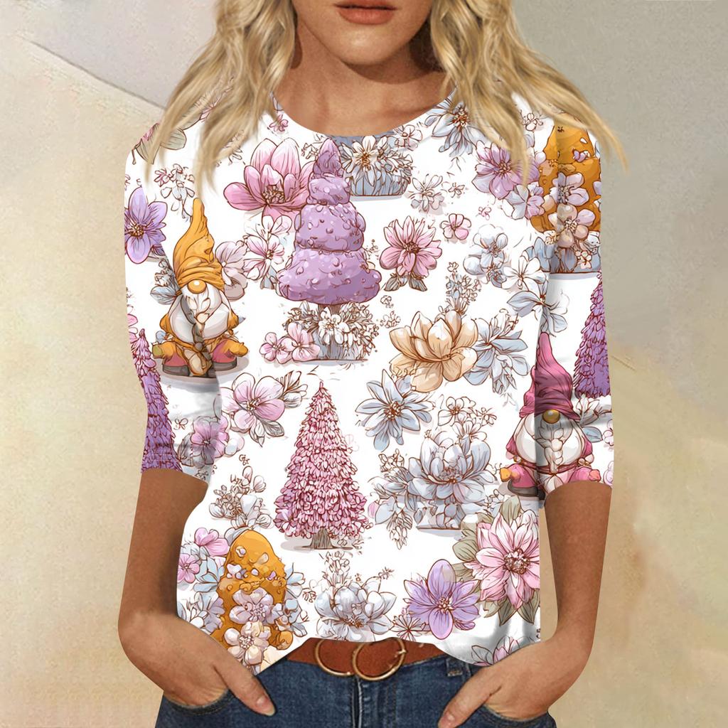 Lässiges Damen-T-Shirt mit Rundhalsausschnitt, Dreiviertelärmeln und Weihnachtsmotiv