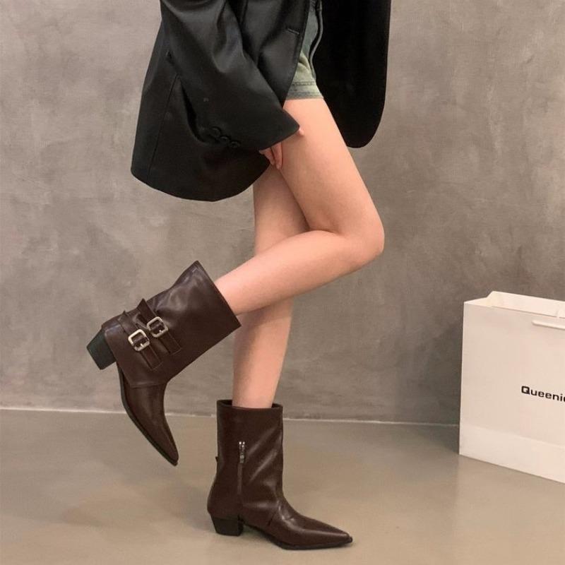 Vintage Suede Women Trouser Legs Boots Fashion Belt Buckle Slip On Shoes Autumn Winter Wedges Heel Ladies Long Booties