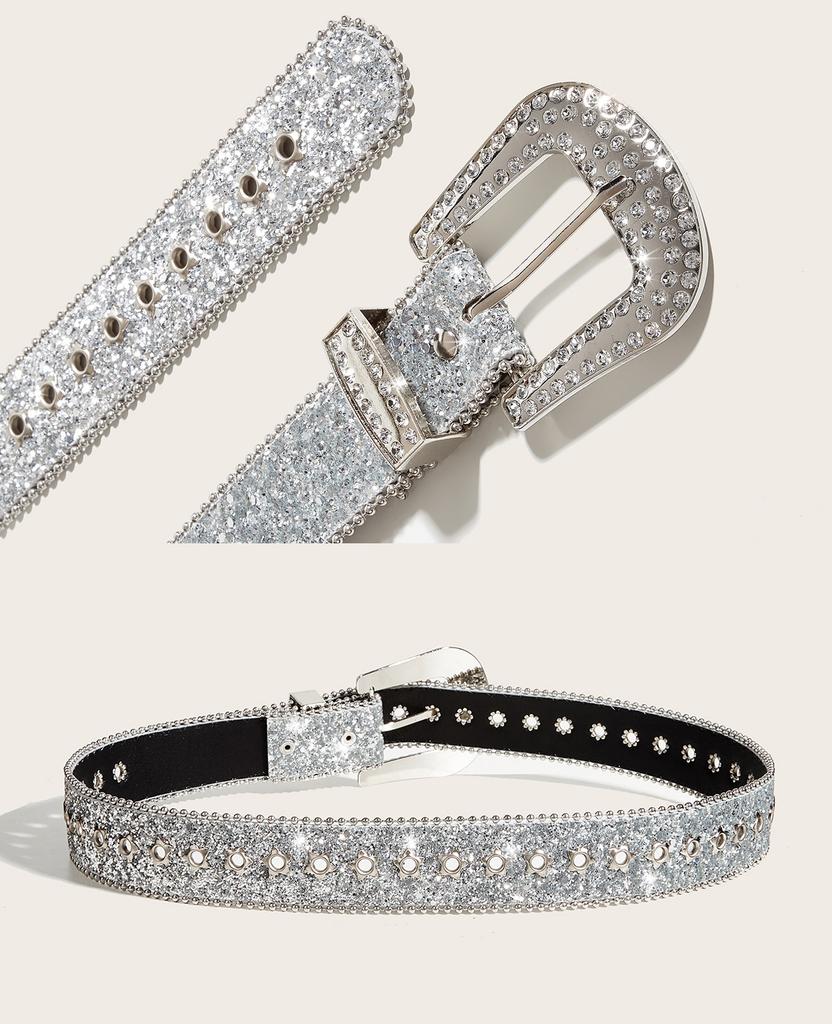 Fashion Women Wide Glitter Belt Golden Rhinestone Buckle Full Eyelet Design Western Style Waist Belt for Jeans Pants Dresses