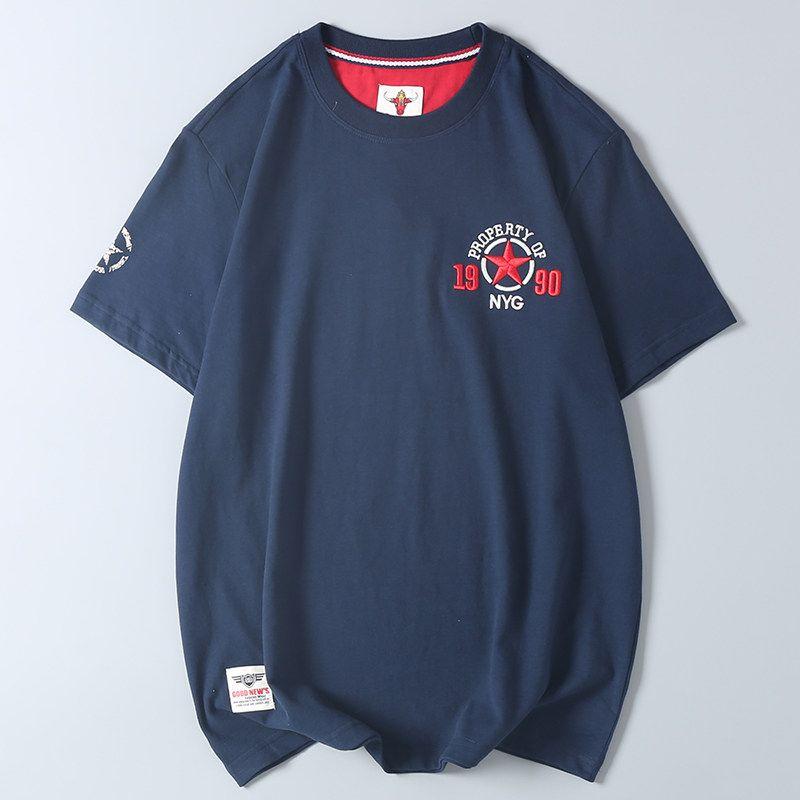 American Retro Machine Embroidery Men's Short Sleeve T-Shirt Summer New Arrival Trendy Export Export Tail Single Cotton T-shirt