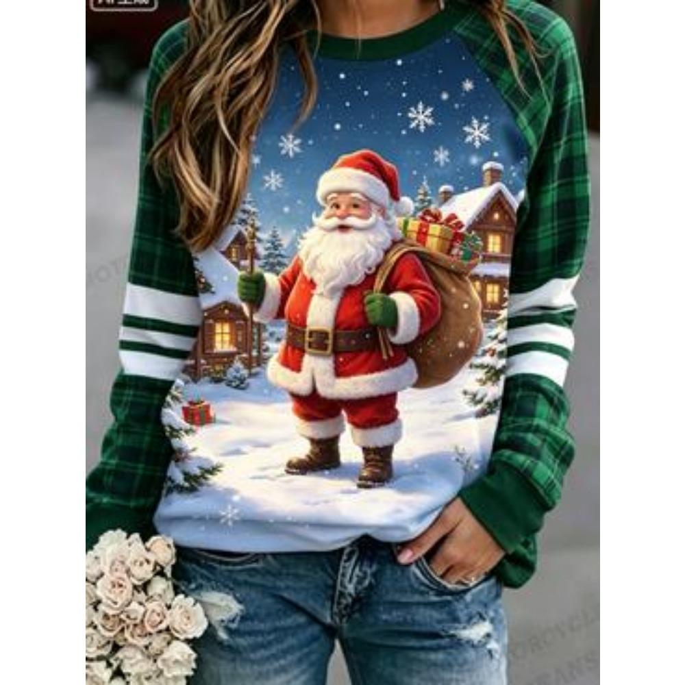 Women's Classic Santa Print Long Sleeve, Festive Crew Neck Top, Holiday