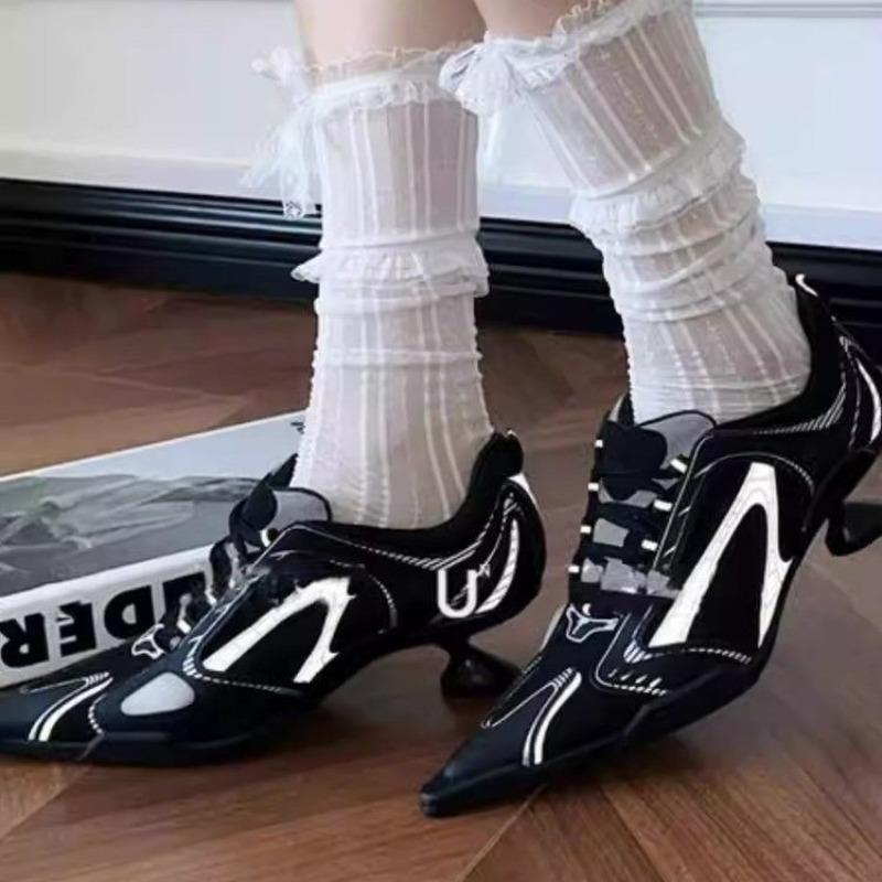 Mode 2025 Neue Sportliche Ballett Casual Schnür-Sneaker Mesh Spitzschuh Hohe Absätze Damen Stilettos Pumps Sexy Mädchenschuhe Frühling Neu