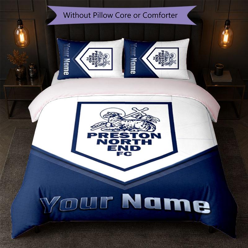 Preston North End Custom Name Text Bedding Set 1 Duvet Cover+2 Pillowcases Soccer Logo Personalized Gift For Special Occasion Bedroom Decor