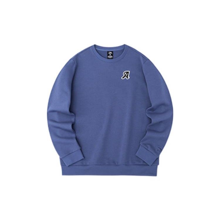 Anta Solid Color Logo Print Pullover Long Sleeve Sweatshirt Unisex Sweatshirt Blue 952238721-2