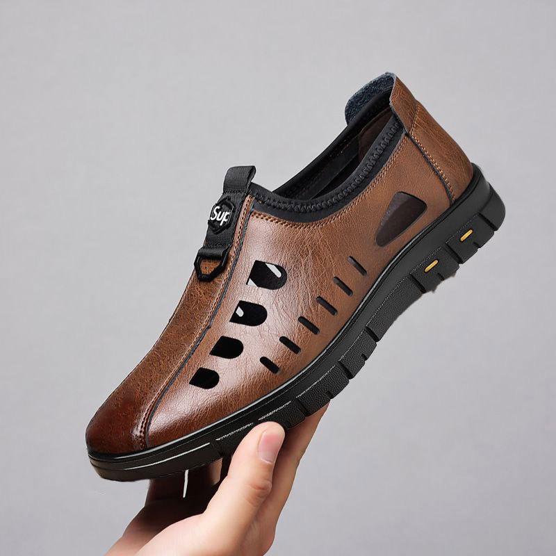Men's casual breathable leather shoes summer cool breathable soft-soled sandals simple thin-soled casual shoes lazy driving shoes