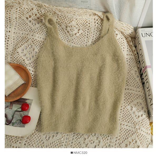 Women's Knitted Plush Elegant Slim Camisole Solid Color  Temperament Sleeveless U-Neck Versatile Cropped Top