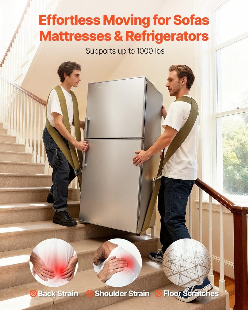 Moving Straps, Supports up to 453.6 kg, 2-Person Lifting and Moving System with 2 Harness Straps & 1 Load-bearing Strap, Adjustable Lifting Shoulder