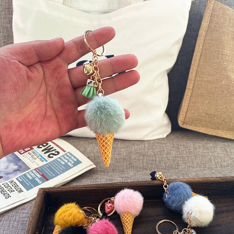 1Pcs Plush Pompom Pendant Keyring Holder New Ice Cream Keychains For Women Men Charm Bag Decoration Jewelry Gifts