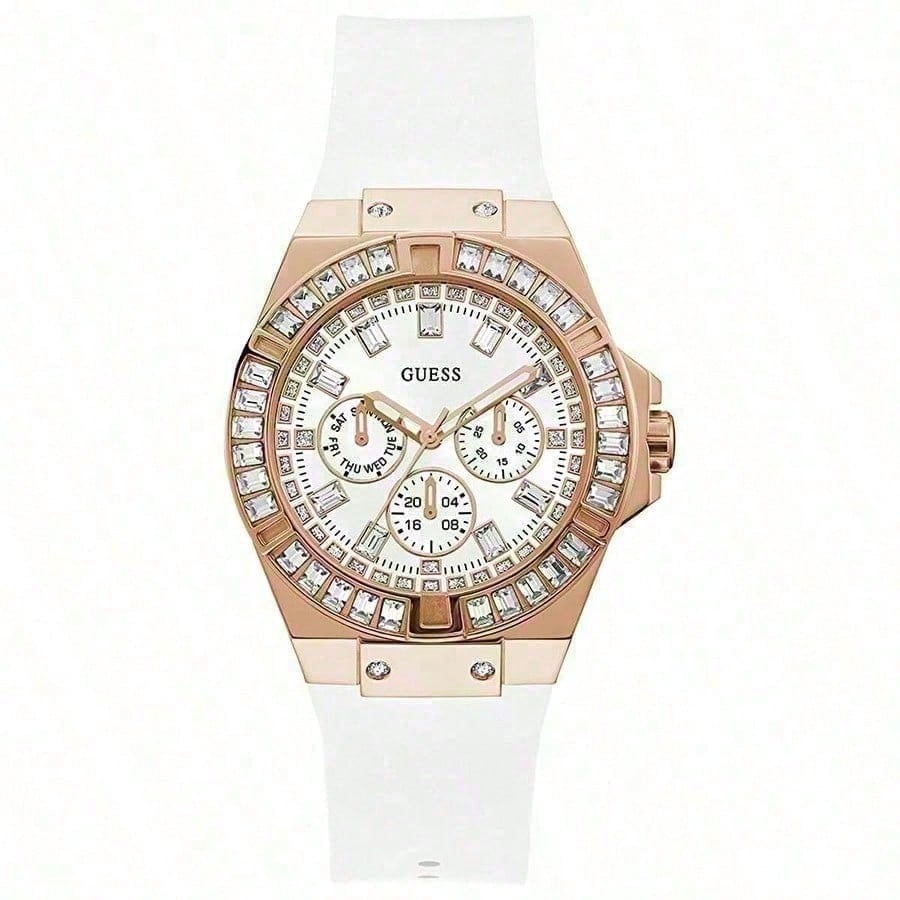 Guess Venus Fashionable Crystals Deluxe White Round Dial Silicone Strap Quartz Watch for Women GW0118L4