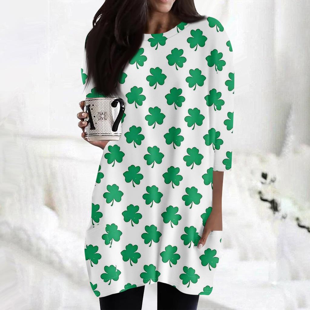Women's  Casual 3/4 Sleeve Shirts Fashion St Patrick's Print Tunic Tops With Pockets