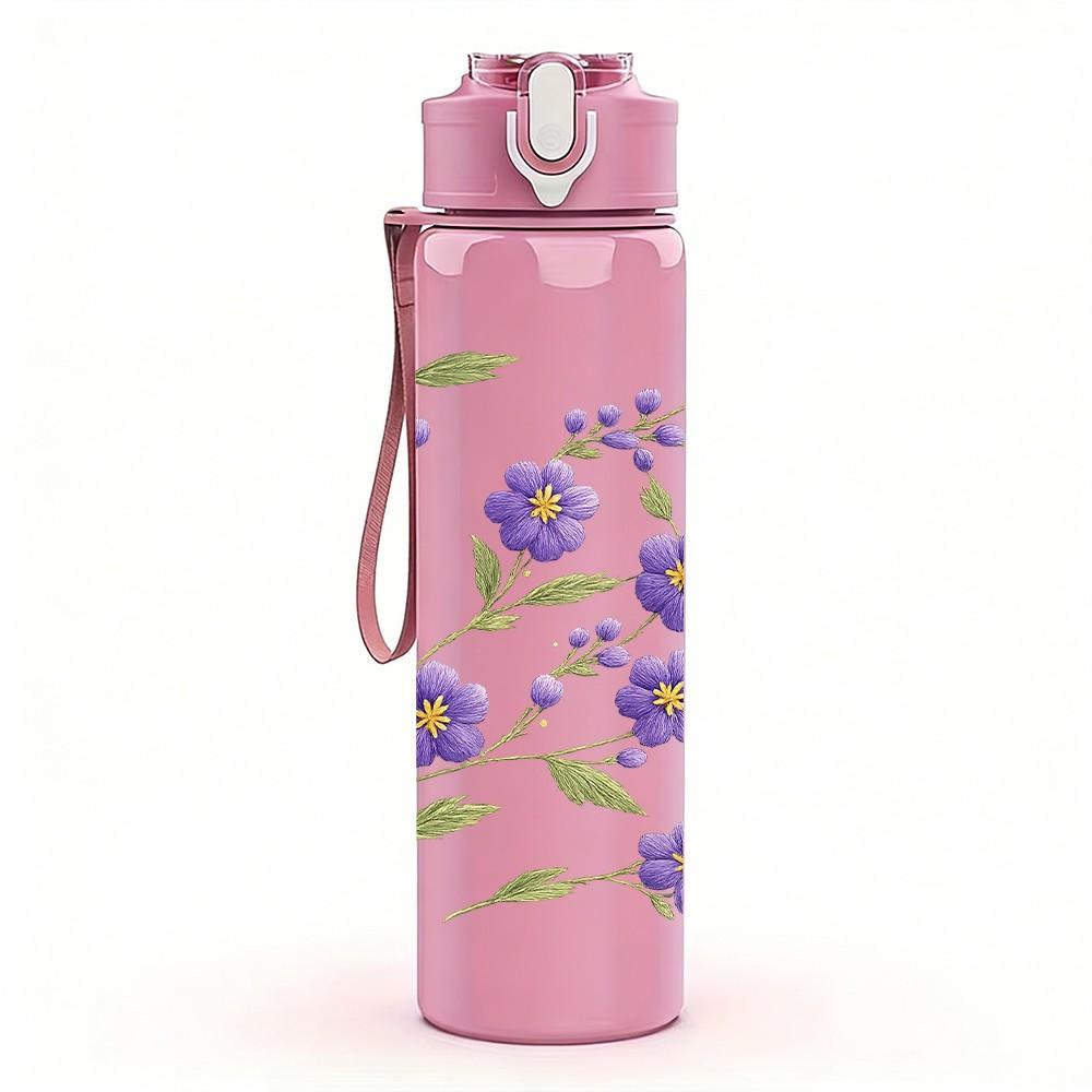 1PC Purple Lavender Small Flower Cluster Print 750ml Color Plastic Sports Water Bottle Leakproof Flip Straw Lid Suitable for Sports Office Home Use