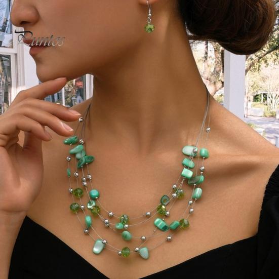 סט תכשיטי שרשרת עגילים בסגנון בוהמי רב שכבות א-סימטרי אבן מצופה אלקטרופוס קריסטל מלוטש וחלק תכשיטי שרשרת עגילים