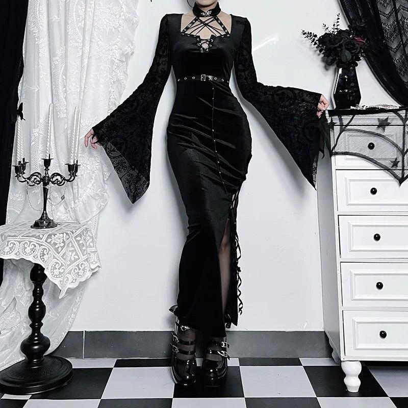 

Goth Bandage Mall Готическая ведьма Элегантные платья Гранж Эстетическое сексуальное вечернее платье миди с разрезом Женское бархатное альтернативное праздничное платье