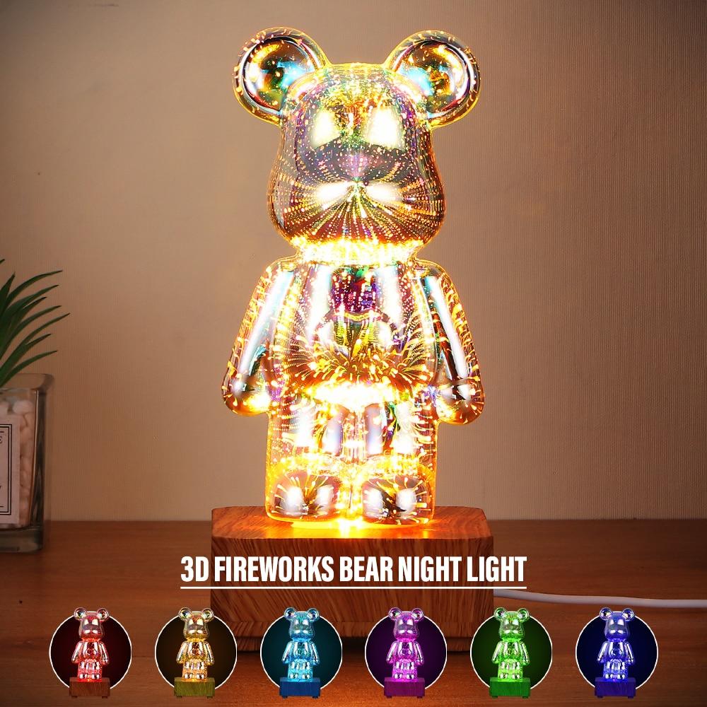 LED 3D Bear Fireworks Night Light USB Projector Light Color Changing Environment Light Suitable for Children's Room Bedroom Decoration New Year Gift