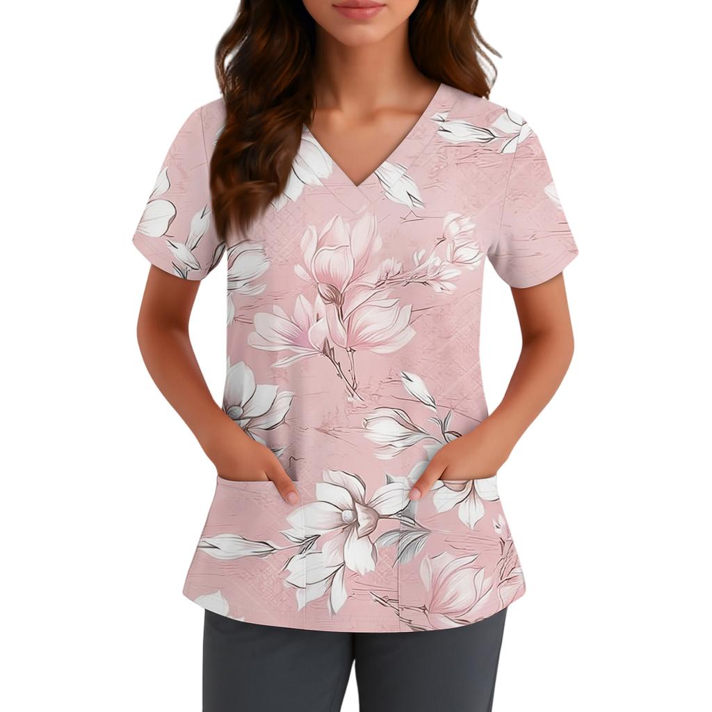 Women's Cute Bow Printed Work Clothes V-neck Double Layer Pockets Basic Short Sleeve Top Pullover