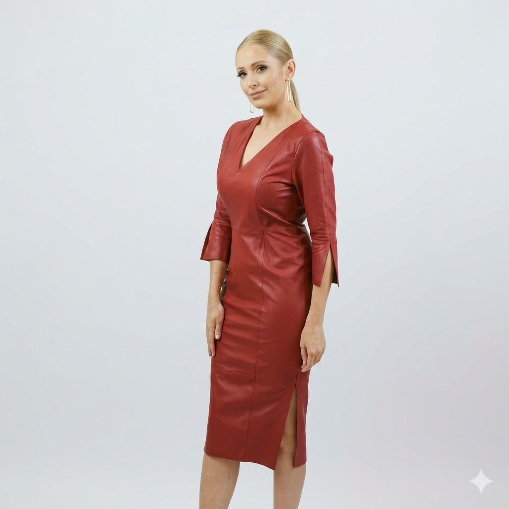 Women's Elegant Party Genuine Lambskin Leather Dress Red Handmade Casual Formal
