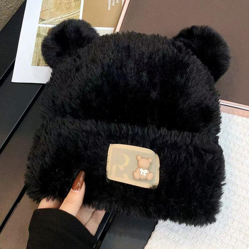 Cute bear wool hat women's winter plush warm fluffy autumn and winter big head circumference knitted hat
