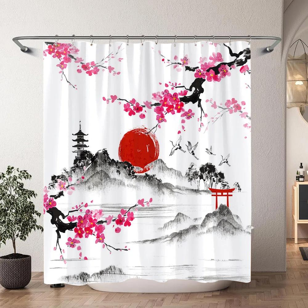 Baifenbai Home Furnishing Light Japanese Cherry Blossom Watercolour Print Shower Curtain Koi Waves Chinese Ink Painting Polyester Shower Curtains Bathroom Decor