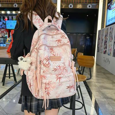 Chinese Ink Wash Maple Leaf Print Backpack for Students - Lightweight, Large, Ideal for Middle/High School & College Travel.