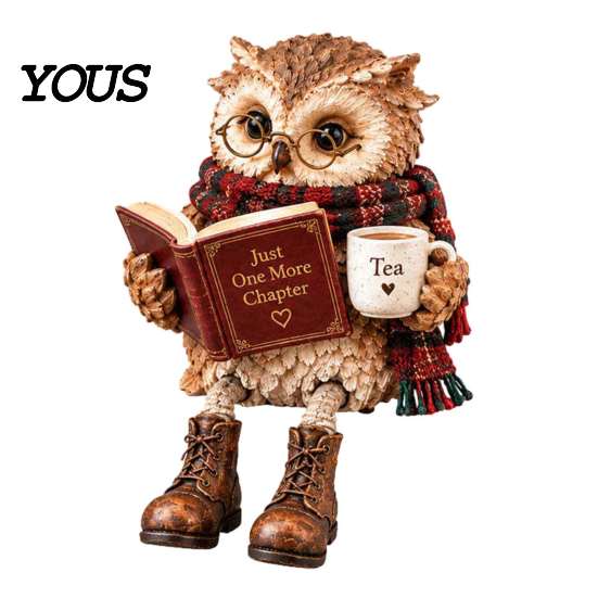 Dekorative Figur für Weihnachten Lesende Eule Figur, Statue mit offenem Buch Brille Schal und Stiefeln, Harz Tierstatuen Regale Skulptur