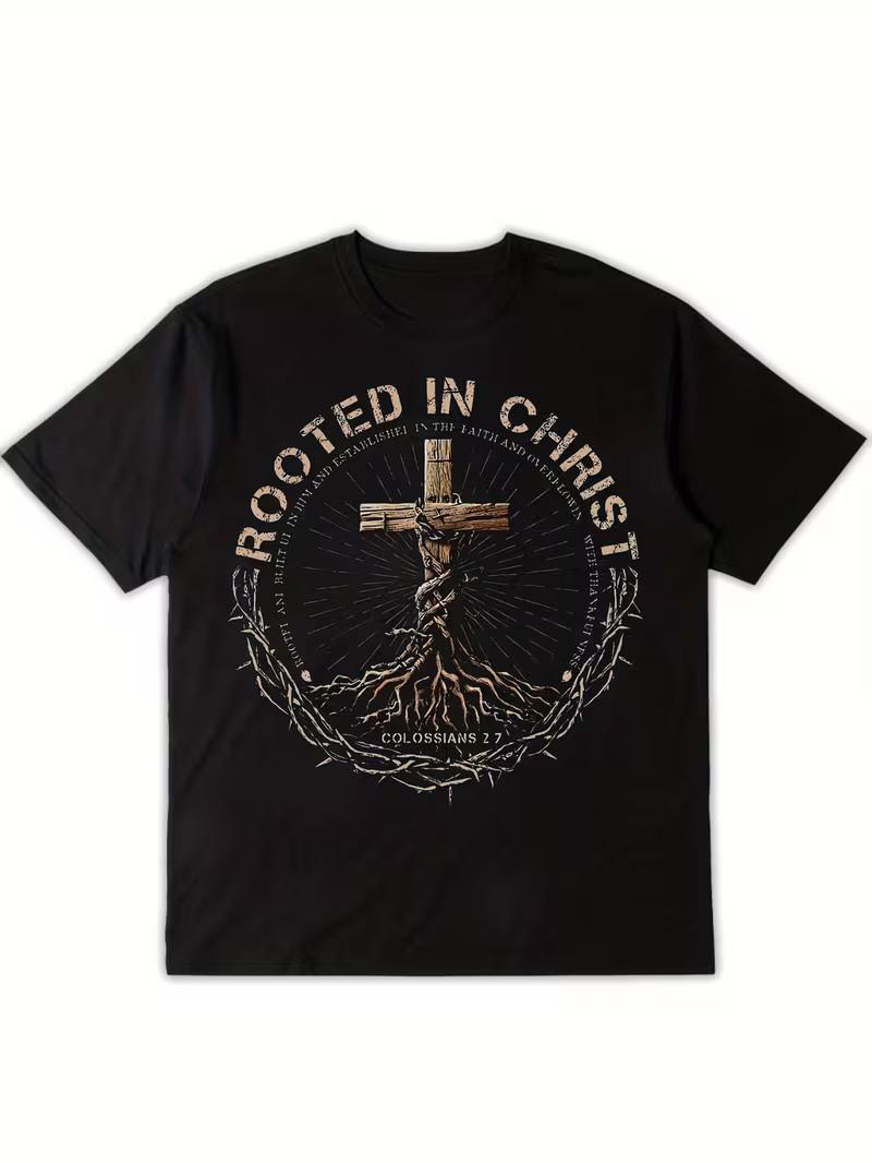 Men S Christian Religious T-Shirt - Rooted in Christ Cross Design with Floral wr S