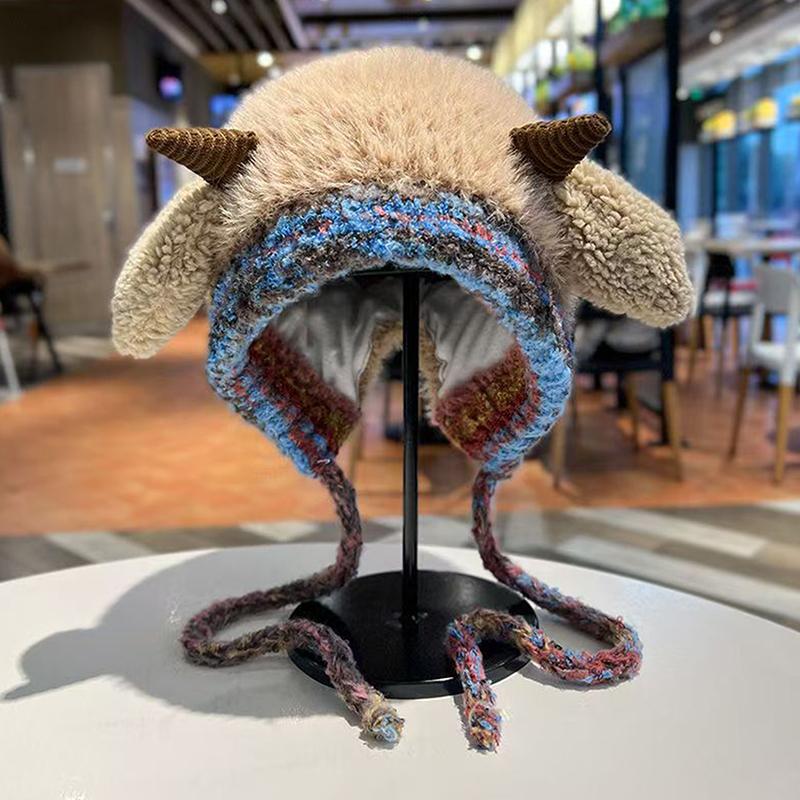 Cute Thick Plush Knitted Hat Warm Ear Protection Beanies Hat Pullover Hats