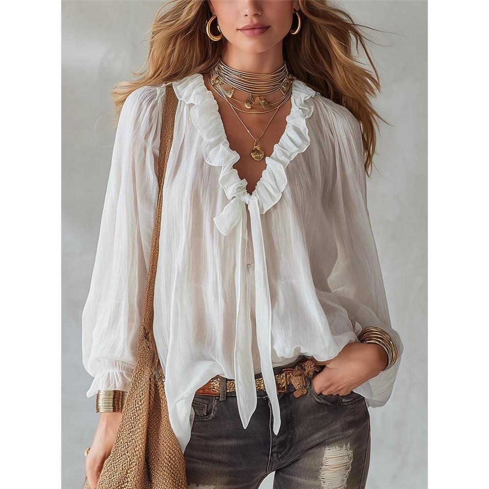 Fashionable Women's V-neck Loose Shirt Tops