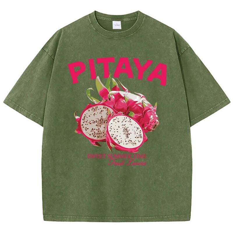 Vintage Woman Washed T-Shirts Fresh Pitaya Printing Tees Crewneck Distressed Cotton Oversize Short Sleeve Female Clothes