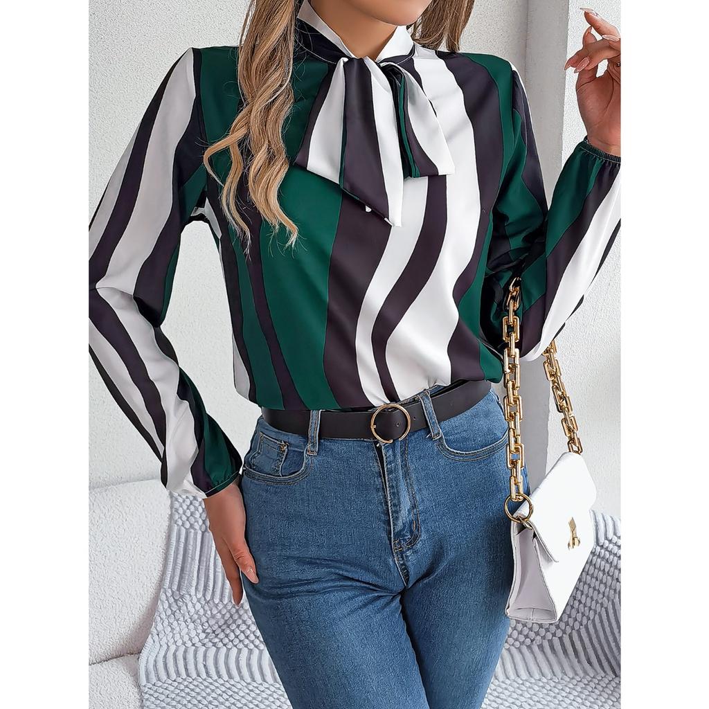 GMXIA Spring and Summer Stylish Contrasting Color Striped Tie Lantern Sleeve Chiffon Blouse for Women