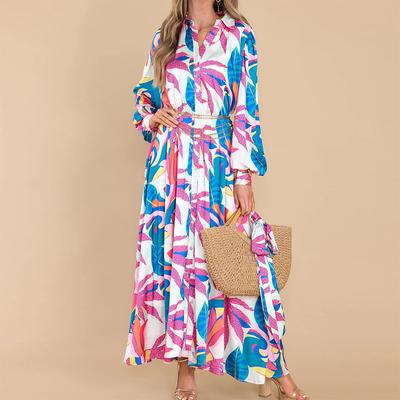Spring and Summer Long-sleeved Contrasting Color Flower Lapel Elegant Printed Strap Dress for Women