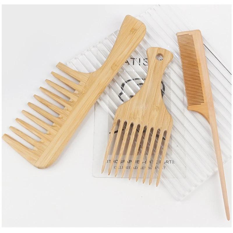 Natural Bamboo Wooden Hair Combs Anti-Static Afro Fork Comb Wide Tooth Combs Rat Tail Hair Brush Women Barber Styling Tools