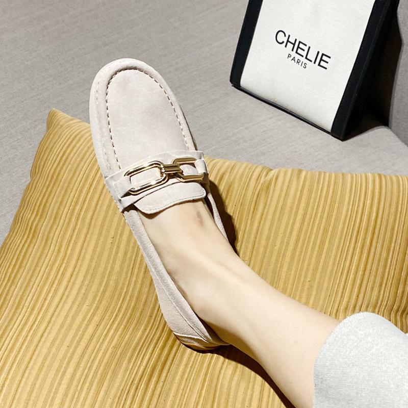 Hong Kong leather flat loafers British style small leather shoes women's 2025 spring new lazy metal buckle Doudou single shoes