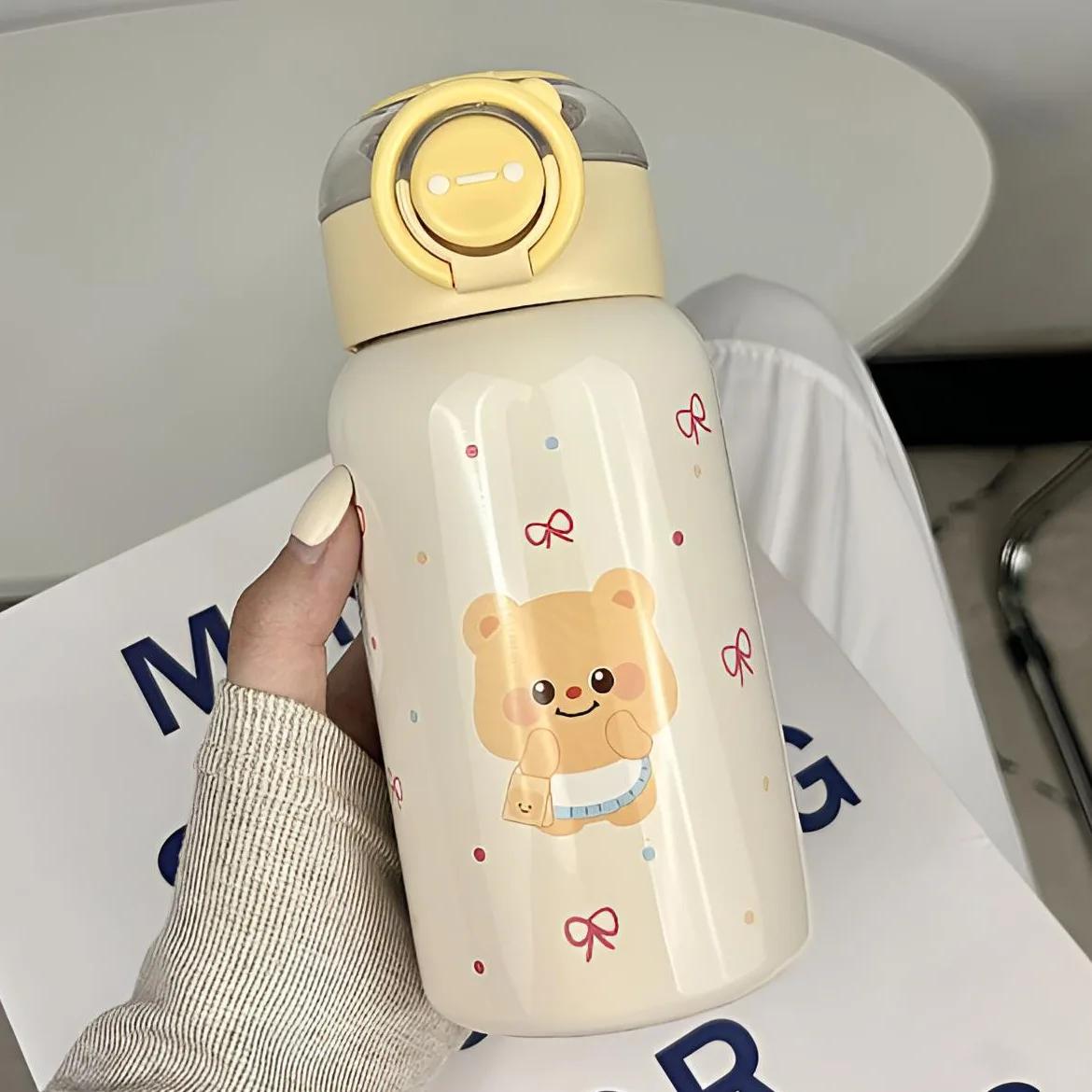 500ml Cute Bear Print 316 Stainless Steel Insulated Water Bottle, Kids Straw Thermos with Leakproof Lid for School 500ml